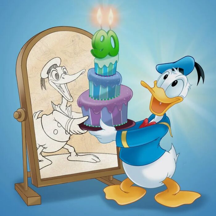 Donald Duck holding a birthday cake in front of a mirror showing his original black and white character drawing evolution.