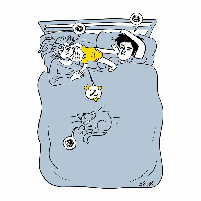 Parenting comic by Rachel Smith showing tired parents, a restless child sleeping between them, and an annoyed cat on the bed.