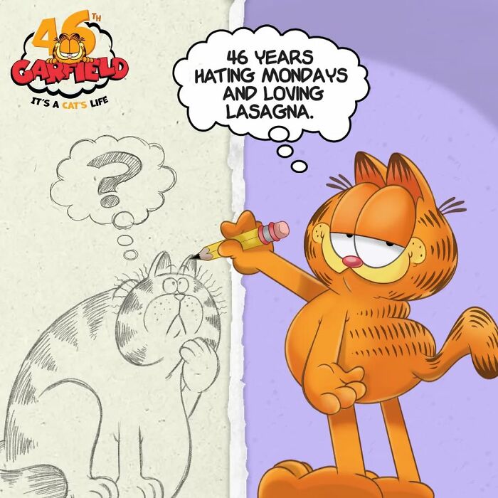 Garfield cartoon showing character evolution with old sketch and modern colored version holding pencil and thought bubble.