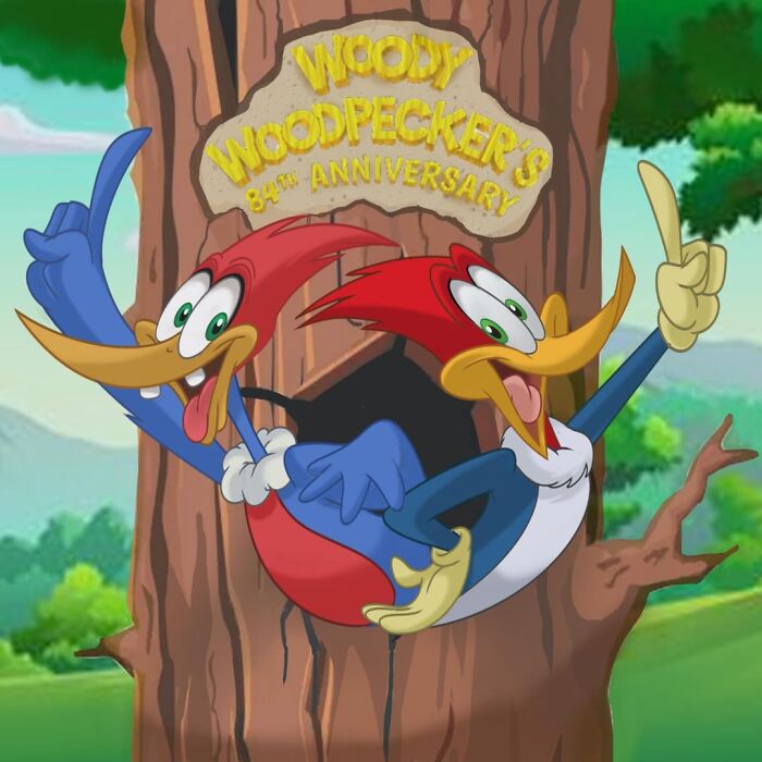 Two versions of Woody Woodpecker cartoon character celebrating 84th anniversary of the beloved character's evolution over time.