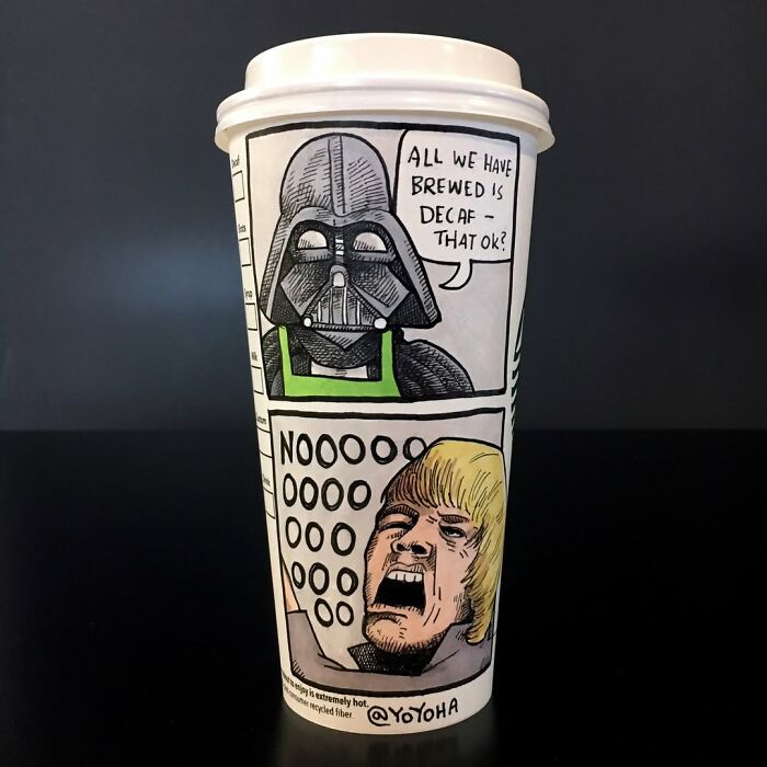Coffee cup with a humorous cartoon drawing of Star Wars characters, showcasing relatable artist coffee cup cartoons.