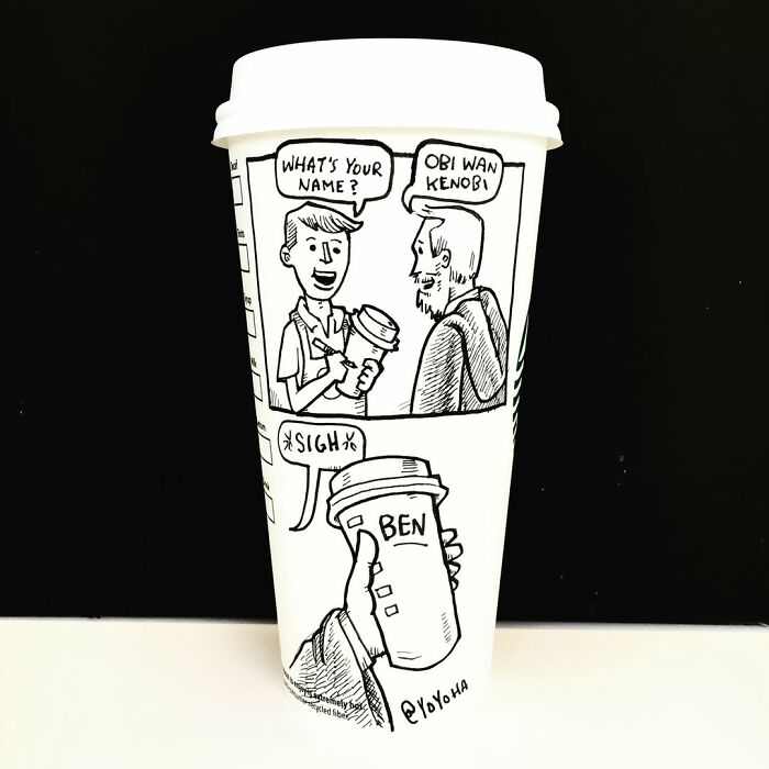 Coffee cup featuring a humorous cartoon with relatable dialogue, showcasing creative coffee cup art by the artist.