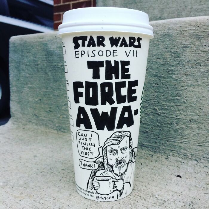 Coffee cup with hand-drawn cartoon inspired by Star Wars, showcasing relatable and humorous coffee cup art by the artist.