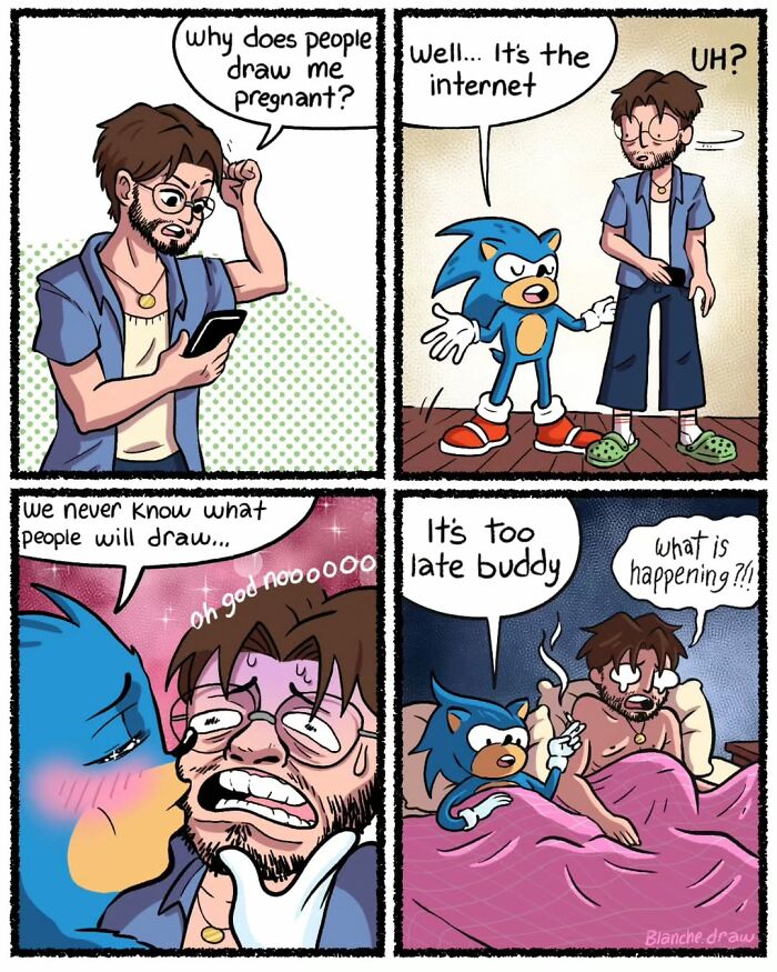 Comic strip featuring a man and Sonic the Hedgehog humorously addressing unexpected internet art and reactions.