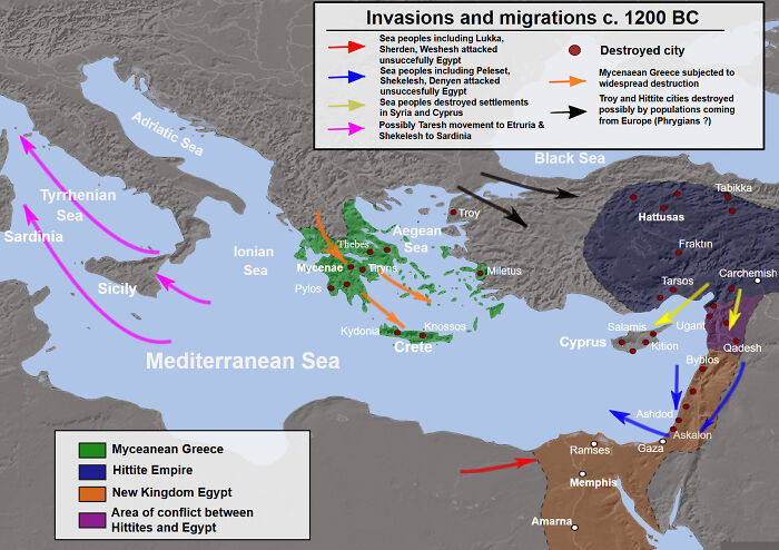 Map showing invasions and migrations around 1200 BC in the Mediterranean, a key mystery that still baffles people today.