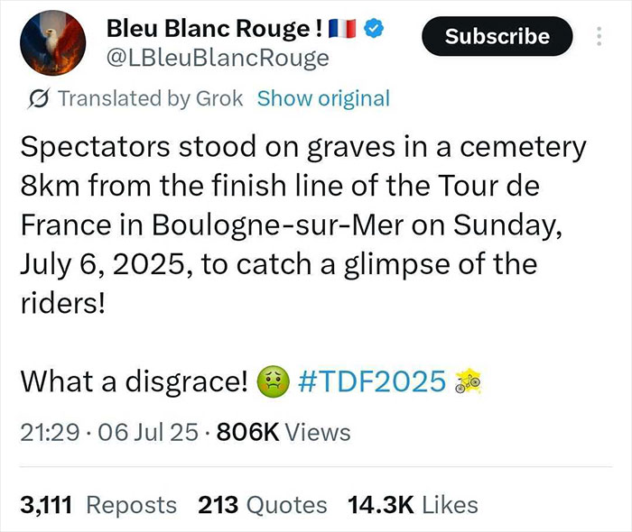 Tweet showing spectators standing on graves near Tour de France route sparking outrage among fans during 2025 race in Boulogne-sur-Mer.