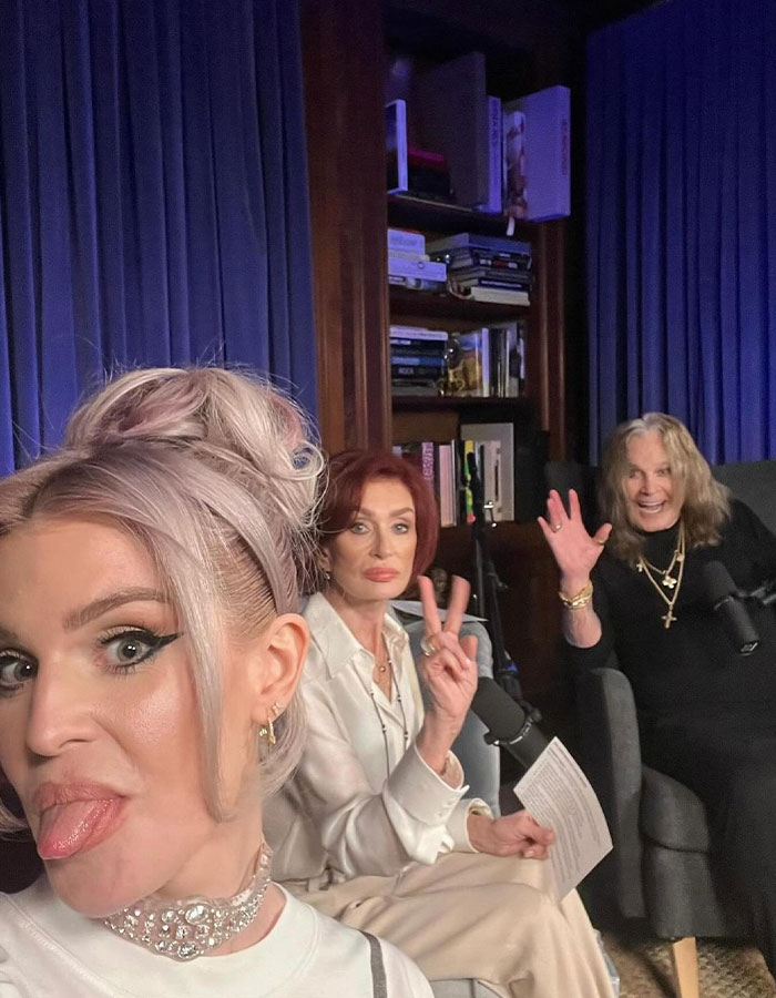 Three people in a cozy room, with Sharon Osbourne and Ozzy Osbourne posing, highlighting Sharon Osbourne making Ozzy’s last wish come true. - 9