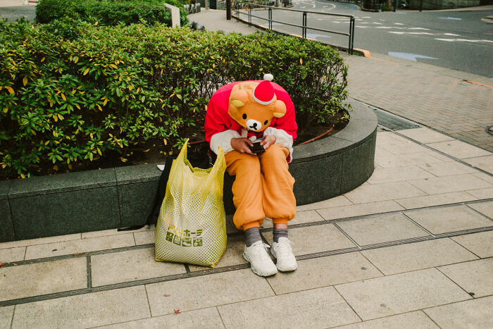 Person in a bear costume sitting on a city bench looking at a phone, illustrating daily life in Japan street scenes.
