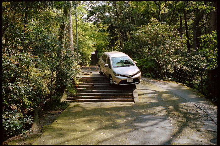Compact car parked on stairs surrounded by dense green trees, illustrating daily life in Japan by photographer Shin Noguchi.