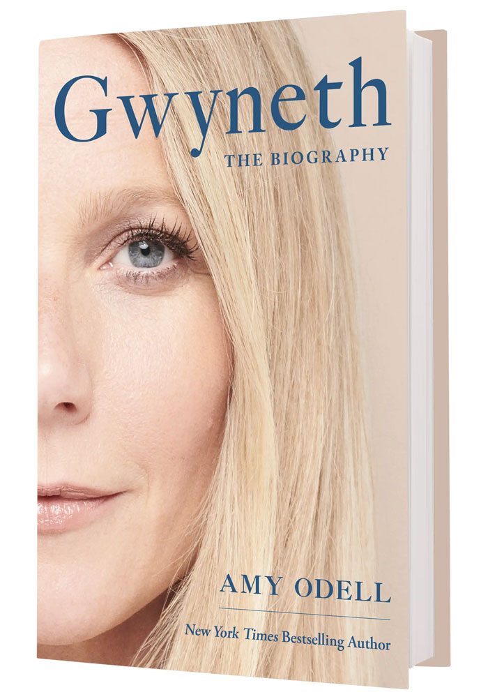 Close-up of Gwyneth Paltrow on the book cover of her biography by Amy Odell, relating to Brad Pitt relationship controversy.
