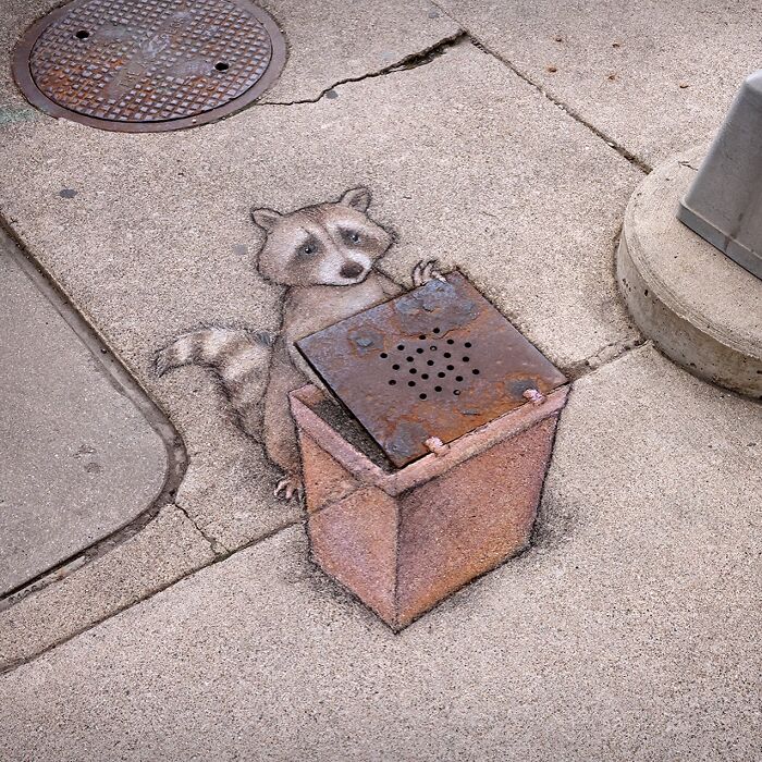 Chalk art of a raccoon lifting a metal trash can on a sidewalk by David Zinn, creating a magical street scene.