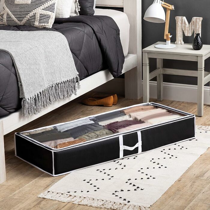 Under-bed storage organizer with clear top for easy access, ideal for frantic panic cleaning and quick guest preparation.