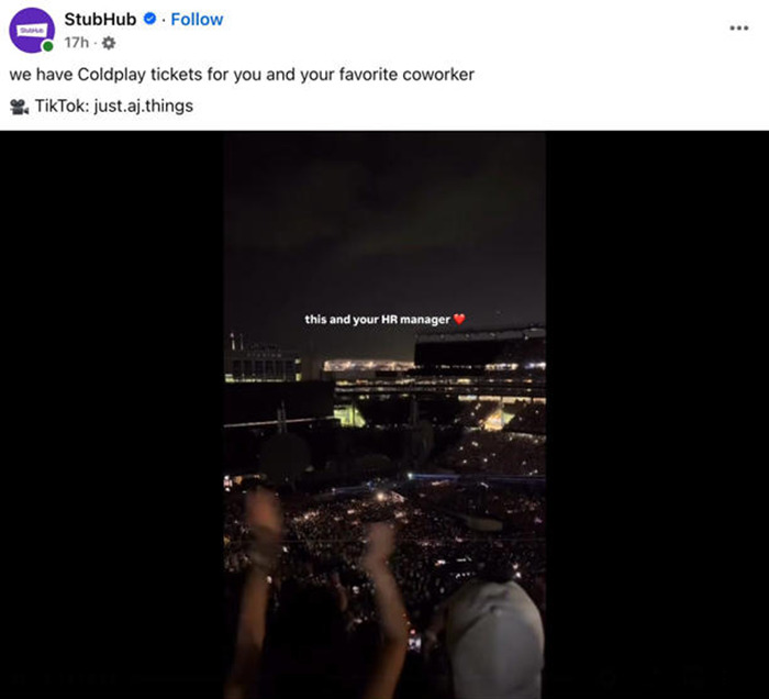 StubHub tweet offering Coldplay tickets, related to brands that made fun of CEO caught cheating on Coldplay Kiss Cam.