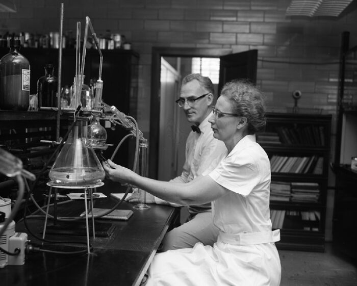 Scientists working with chemistry equipment in a lab, showcasing everyday life in 1950s Florida.