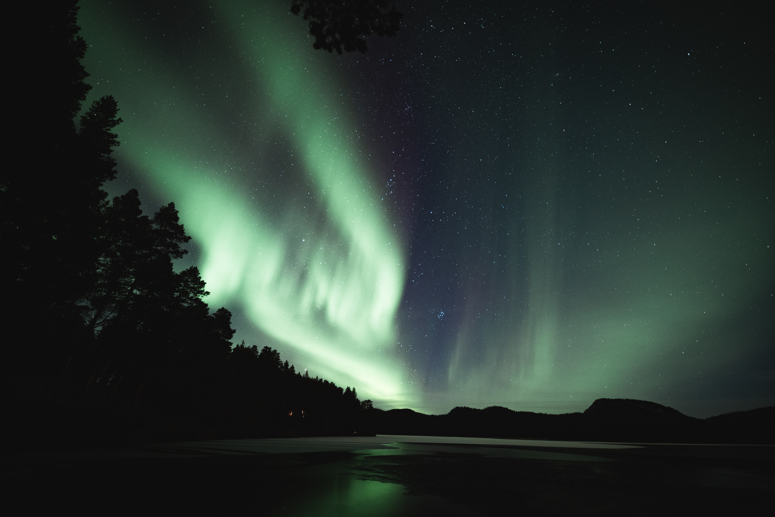 Northern lights glowing above a forest and frozen lake near a cabin in the woods, capturing peaceful nature and true home vibes. - 15