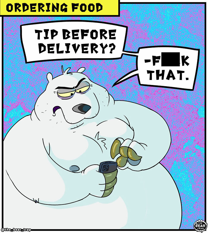 Cartoon polar bear expressing frustration about tipping delivery in hilarious animal comics tackling real-life struggles.