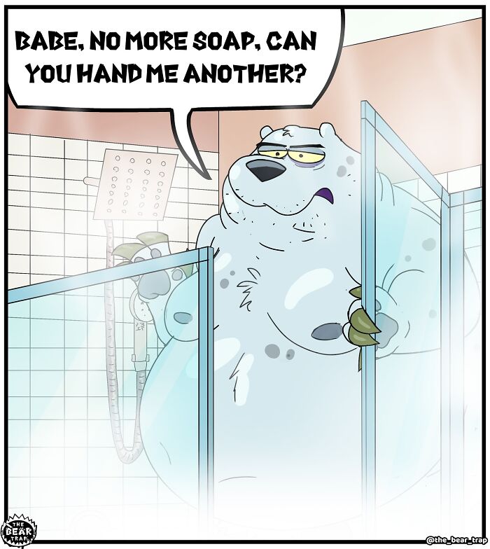 Hilarious animal comics show a tired bear in the shower asking for more soap, highlighting real-life struggles humorously.