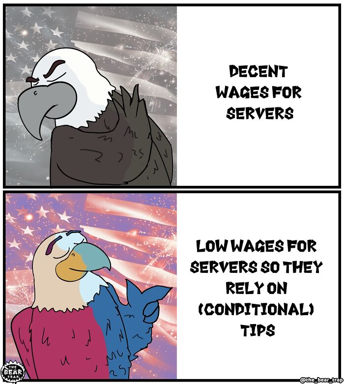 Animal comic panels showing two eagles contrasting decent wages versus low wages and tips for servers.