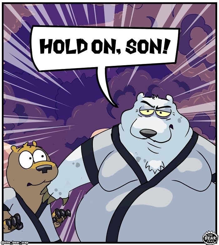 Two bears in martial arts uniforms, one instructing the other in a funny animal comic about real-life struggles.