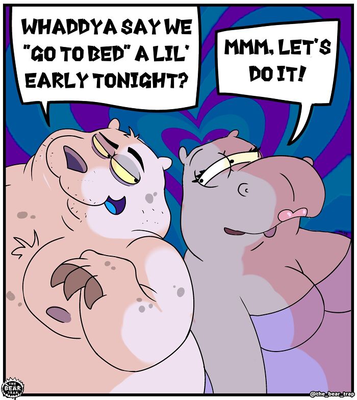 Two hippos in a hilarious animal comic expressing real-life struggles with bedtime, featuring playful and affectionate dialogue.