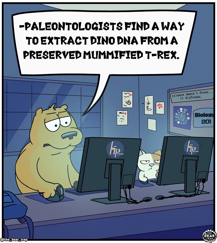 Hilarious animal comics showing a bear and cat discussing paleontology and real-life struggles at computers.