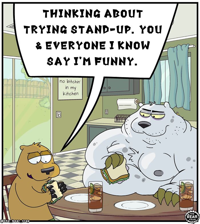 Cartoon bears having sandwiches in a kitchen, featuring hilarious animal comics about real-life struggles.