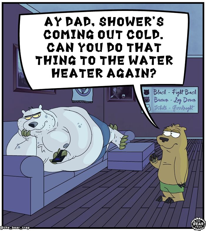 Animal comics scene with a bear and cub discussing real-life struggles about a cold shower and water heater.