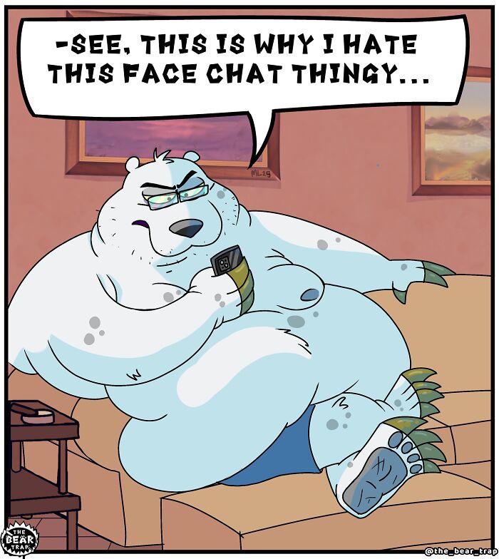 Cartoon of a grumpy polar bear comic character critiquing face chat feature, illustrating hilarious animal comics on real-life struggles.