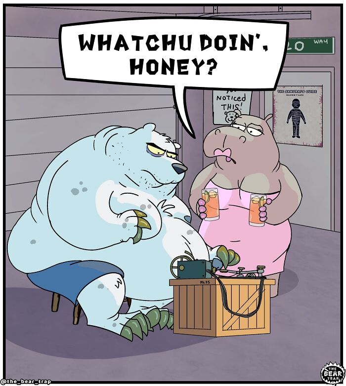 Two animals in a comic scene, with one asking what the other is doing, illustrating hilarious animal comics on real-life struggles.