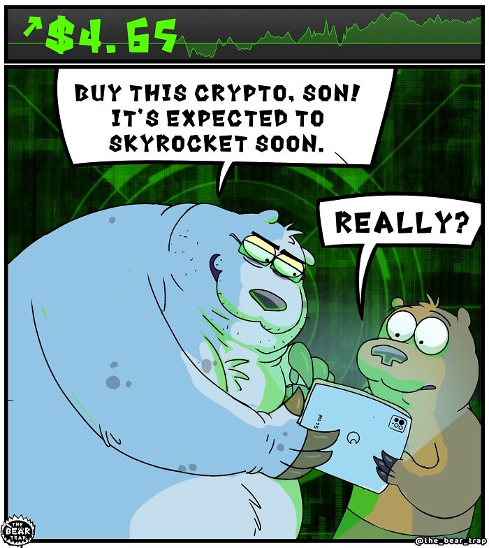 Hilarious animal comics depicting a polar bear advising a smaller bear to buy crypto expected to skyrocket soon.