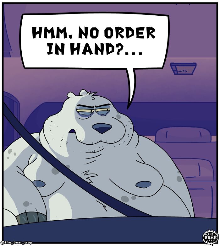 Animal comics featuring a grumpy bear tackling real-life struggles with humor and relatable expressions in a car setting.