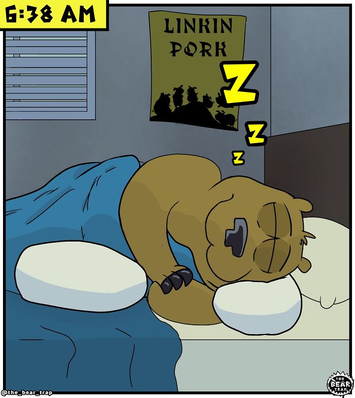Sleeping cartoon bear in bed with blue blanket and pillows in a hilarious animal comic about real-life struggles