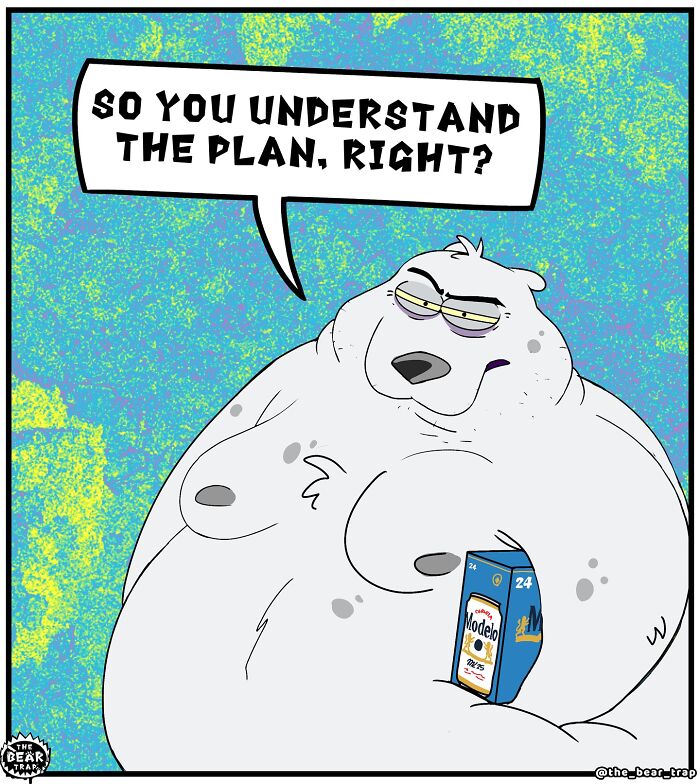 Cartoon of a large bear holding a beer can, speaking in a comic about real-life struggles in animal comics.