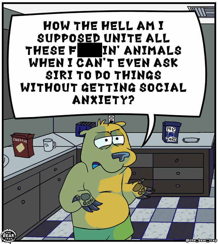 Anthropomorphic animal comic character humorously discusses social anxiety in a kitchen setting in a hilarious animal comics style.