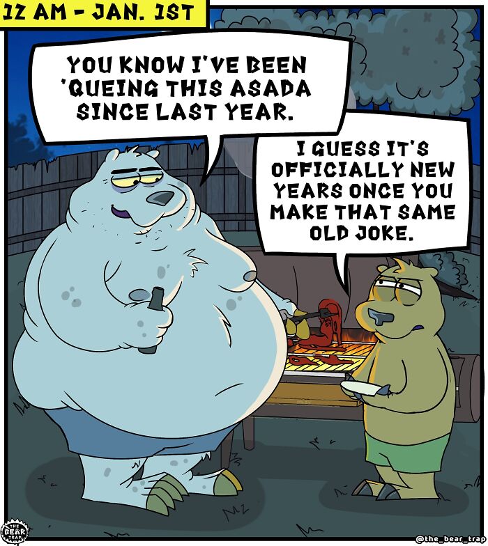 Two animals in a comic scene humorously discussing real-life struggles with New Year's celebrations and food.