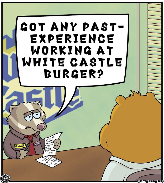 Comic panel showing a badger manager in an animal comic humorously discussing job experience at White Castle burger.