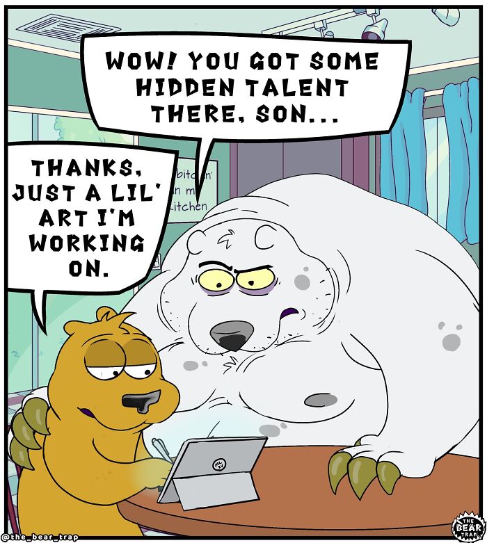 Cartoon bears in a humorous animal comic showing real-life struggles, with one bear praising the other's hidden talent.