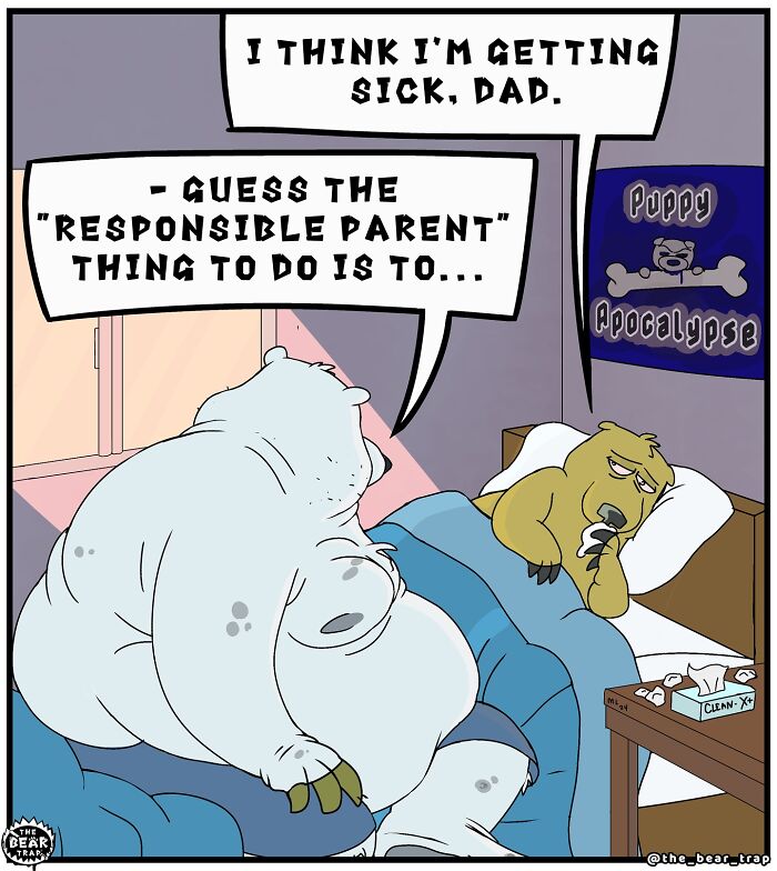 Animal comics depicting a sick bear lying in bed with a concerned polar bear parent in a humorous real-life struggle scene.