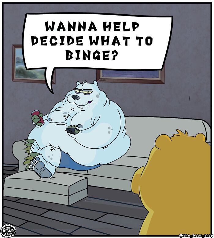 Hilarious animal comics showing a bear asking if they want help deciding what to binge while relaxing on a couch.
