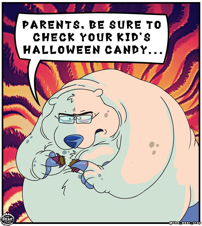 Angry bear in a comic strip humorously warning parents to check their kid’s Halloween candy, animal comics on real-life struggles.