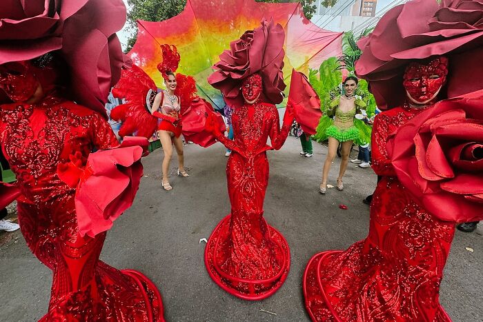 Vibrant street performers in elaborate red and green costumes during a colorful festival in India, captured in powerful street photos.