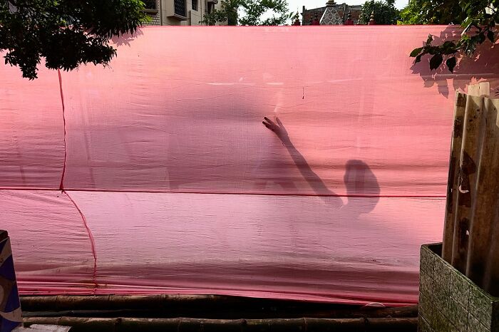 Shadow of a person reaching out behind a translucent pink fabric in a vibrant street photo capturing the soul of India.