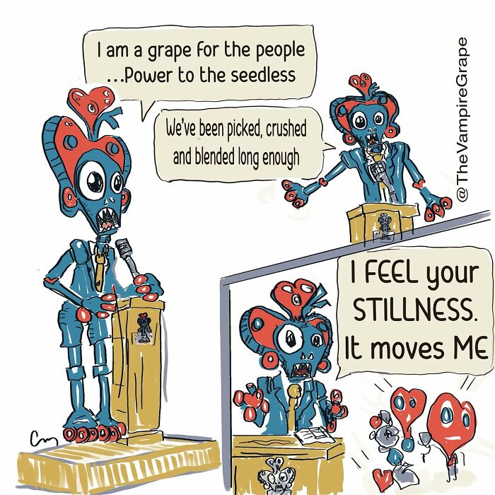 Surreal comic featuring a vampire grape delivering a speech about power and feeling stillness in modern life.