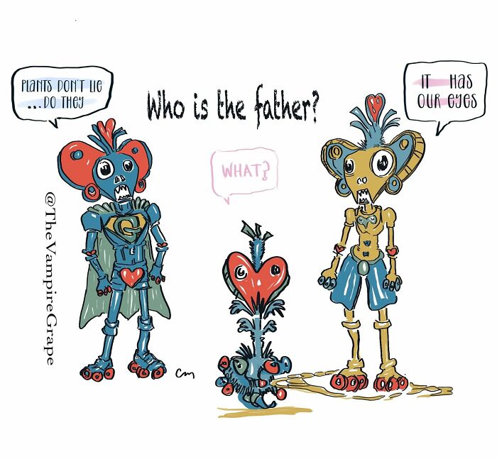 Surreal comic featuring vampire grape characters questioning "Who is the father?" with quirky plant and heart imagery.