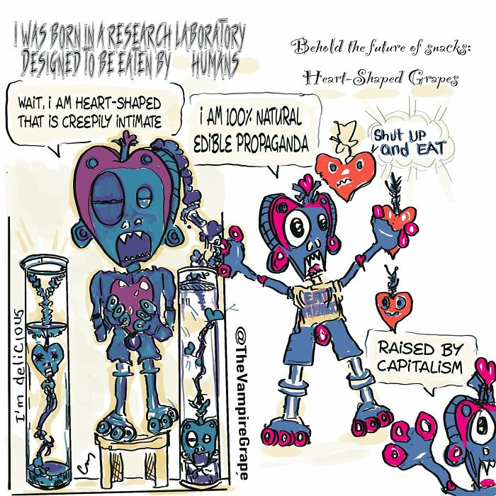 Surreal comic featuring a vampire grape character highlighting themes of capitalism and modern life in a quirky style.