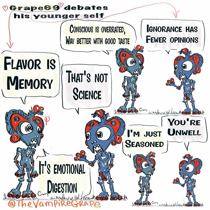 Surreal comic shows vampire grape characters debating modern life concepts in a whimsical and thought-provoking style.