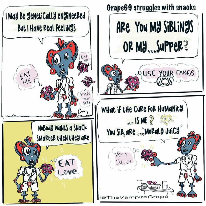 Surreal comic panels featuring a vampire grape character exploring feelings, snacks, and humanity in modern life.