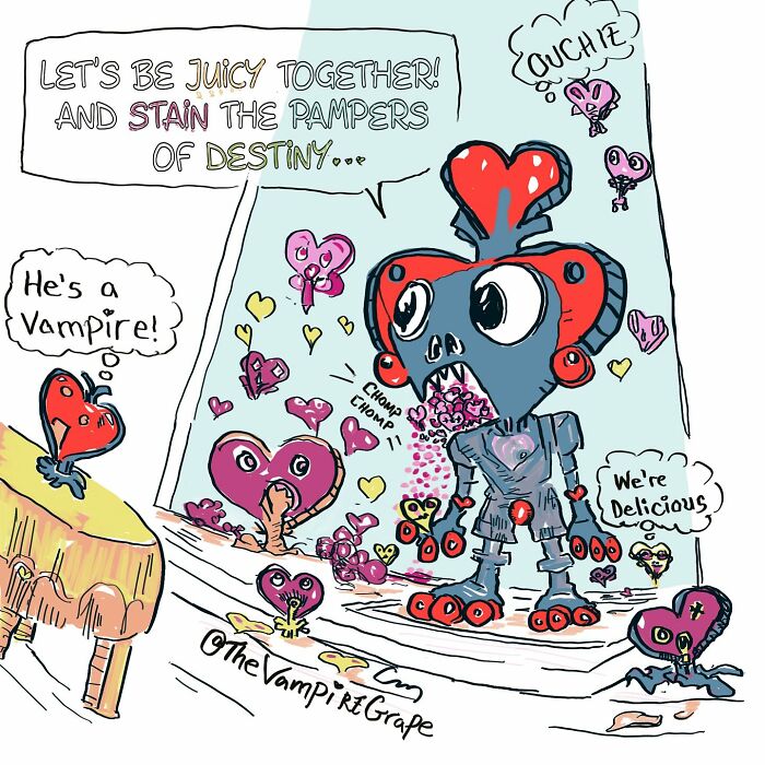 Surreal comic of a vampire grape character with heart-shaped creatures, capturing quirky moments of modern life.