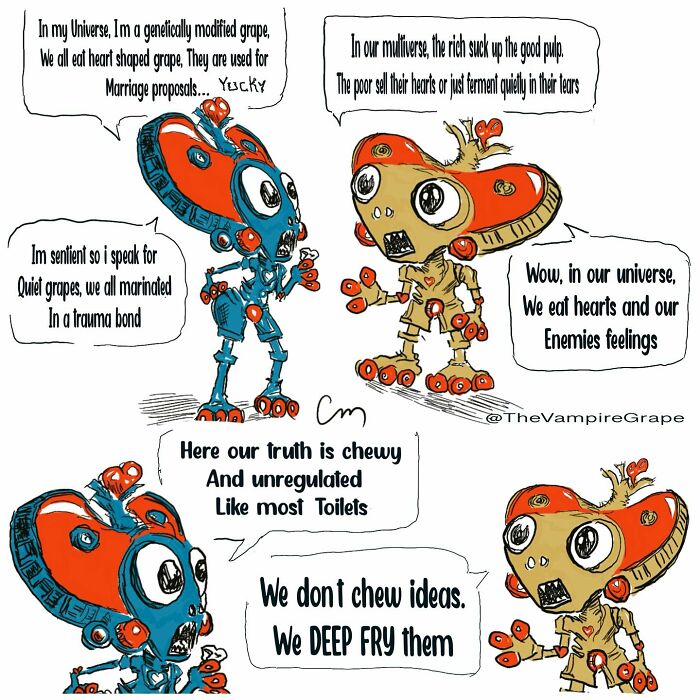 Surreal comic featuring vampire grape characters discussing emotions and society in a quirky, modern life inspired style.