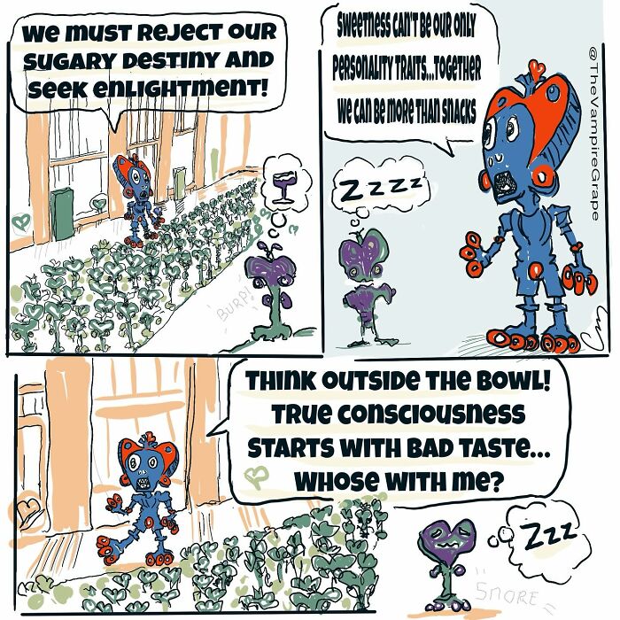 Surreal comic panels featuring a vampire grape character delivering a speech about consciousness and rejecting sugary destiny.